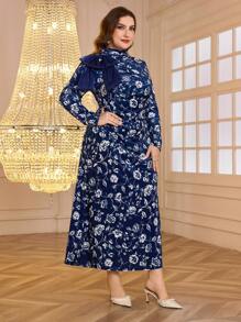Modelyn Vestido elegante de talla grande con estampado floral de organza y decoración de lazo, adecuado para vestidos largos de noche de otoño - Azul Marino - Ver 6