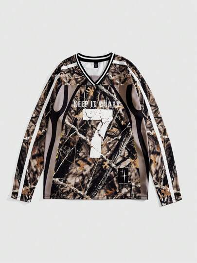 Street Life T-shirt à col V pour hommes avec imprimé chiffre et arbre, rayures contrastées sur les côtés, style sport, printemps et automne