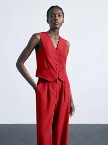 Maija 女士纯色单排扣背心和褶皱裤套装，休闲通勤商务套装，适合所有季节 - 紅色 - 查看 8