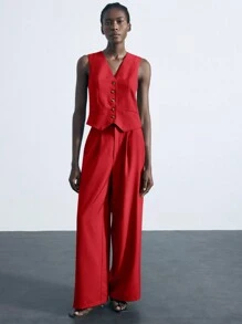 Maija 女士纯色单排扣背心和褶皱裤套装，休闲通勤商务套装，适合所有季节 - 紅色 - 查看 9