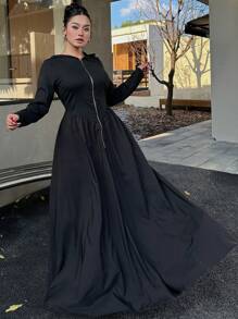 Flirla Plus Casual Style Long Sleeve Hooded Zipper Front Dress Maxi Women Outfit Fall Cloth For Women - Black - View 1