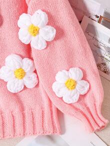 Girls Lightweight Spring/Summer Floral Embroidered Round Neck Long Sleeve Knitted Sweater - Pink - View 3