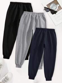 3pcs Men Casual Solid Color Drawstring Waist Oblique Pocket Jogger Sweatpants