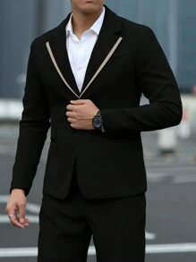 Manfinity Mode 男士纯色纽扣长袖西装外套和裤子商务西装套装 - 黑色 - 查看 1