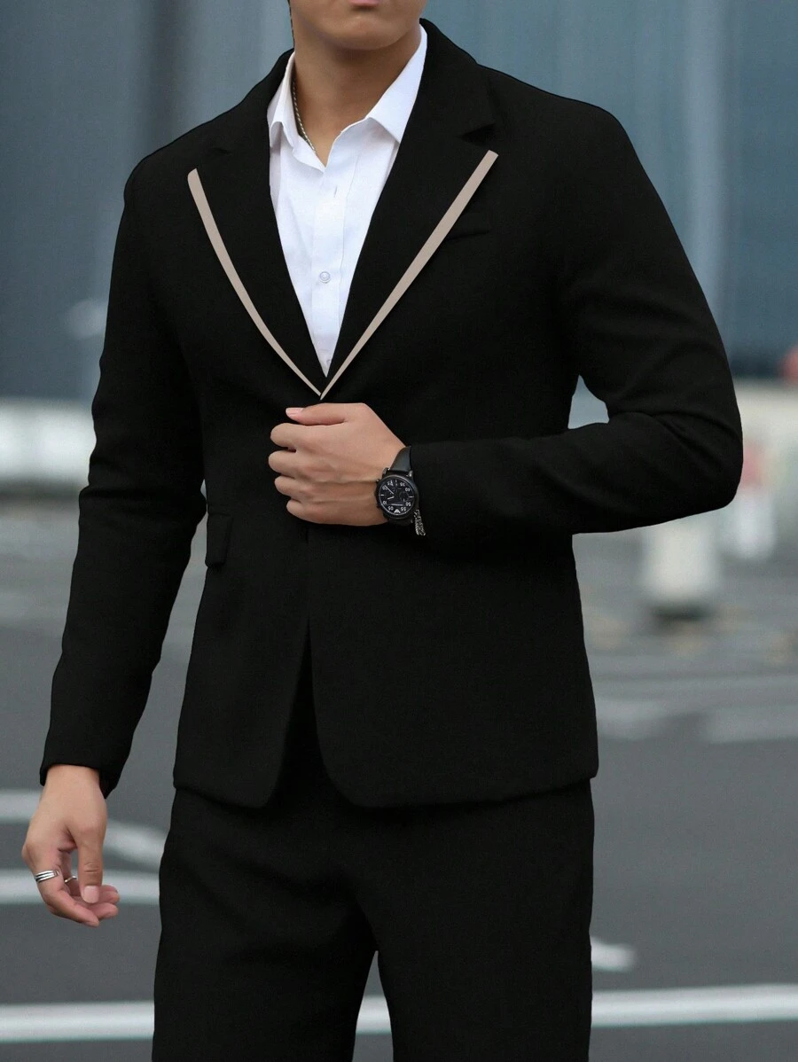 Manfinity Mode 男士纯色纽扣长袖西装外套和裤子商务西装套装 - 黑色 - 查看 1