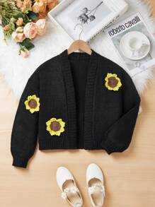 Tween Girl Warm & Cozy Sunflower Pattern Black Cardigan Thick Knit Sweater Jacket For Winter - Black - View 1