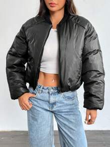 SHEIN Unity Women's Solid Color Front Zip Pocket Casual Padded Padded Coat Clothes Winter - Black - View 5