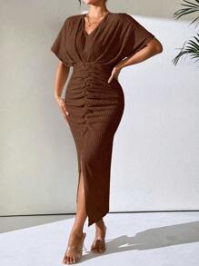 EMERY ROSE 1pc Women's Solid Color V-Neck Batwing Short Sleeve Ruched Slit Bottom Elegant Dress Maxi Women Outfit - Coffee Brown - View 5