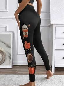 SHEIN LUNE Leggings informales con estampado de calabaza para mujer para Halloween - Negro - Ver 6