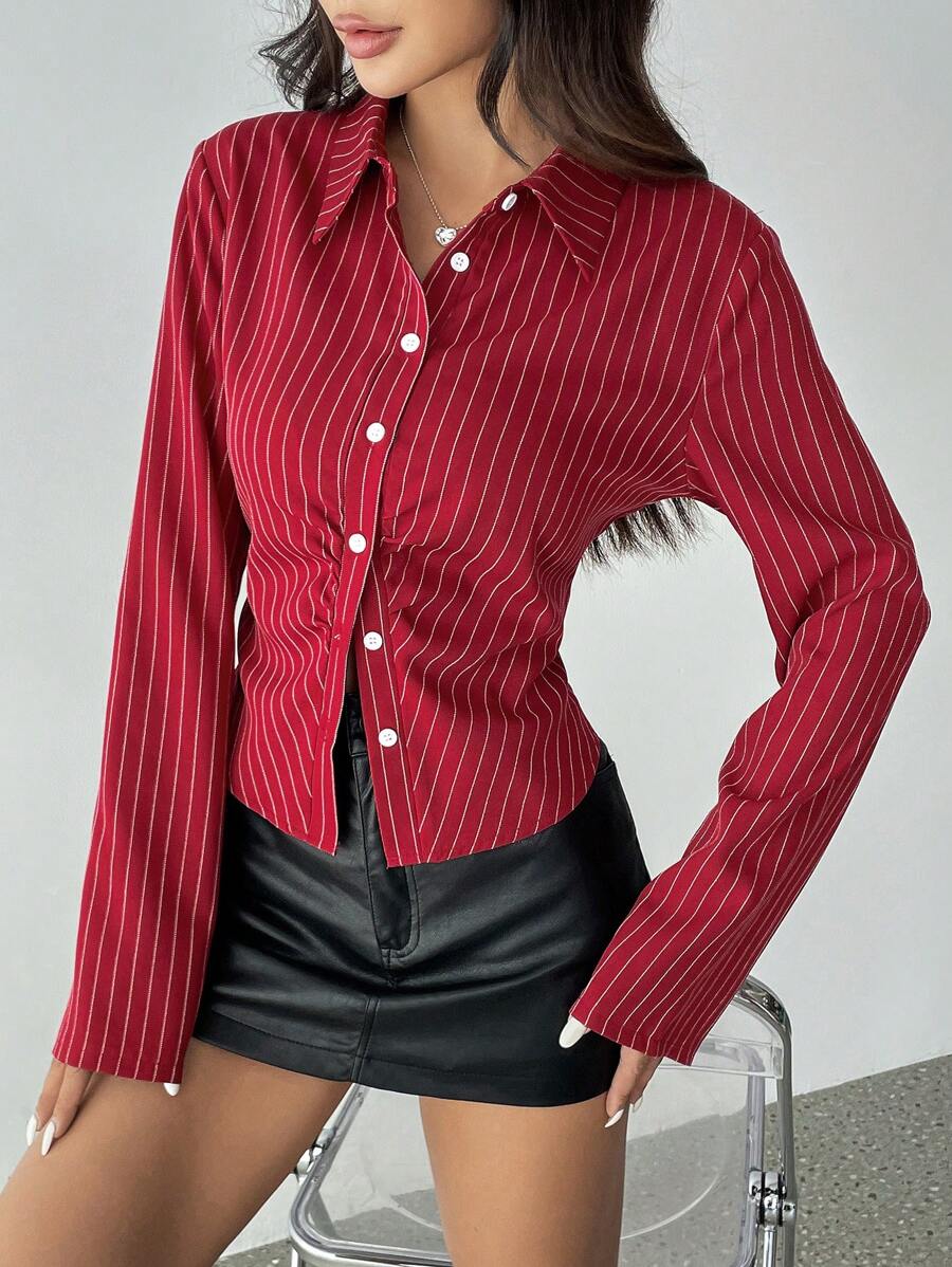 SHEIN X Lucía Bellido SHEIN Unity Striped Print Button Up Ruffle Long Sleeve Women Blouse Women Shirt - Multicolor - View 1