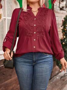 Plus Size Women Fall Plain Color Contrast Lace V-Neck Cuffed Sleeve Casual Blouse - Burgundy - View 6