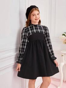 SHEIN Tween 女童长袖荷叶边领拼布格子连衣裙，时尚优雅长袖荷叶边领格子修身连衣裙，秋冬 - 黑色 - 查看 3