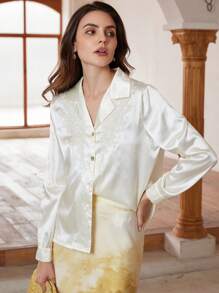 SHEIN Privé Áo cánh dài tay rộng rãi thêu phong cách cung điện cổ điển thanh lịch - Màu be - Xem 2