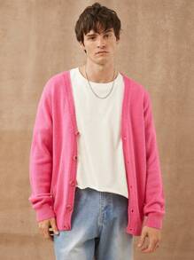 Men V-Neck Sweater Cardigan - Pink - View 5