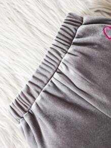 SHEIN 2 件套女婴爱心与字母刺绣拉链连帽衫和裤子套装 - 灰色 - 查看 5