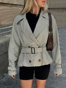 Forever 21 Women's Solid Color Double-Breasted Belted Long Sleeve Trench Coat - Green - View 3