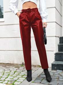 EURMUSE Buckle Belted PU Leather Pants - Red - View 3