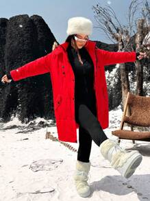 Calvaya 大码女式拉链前口袋长款休闲连帽加厚棉服外套，冬季服装新年服装 - 紅色 - 查看 7