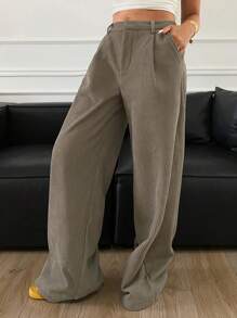 DAZY Quần ống rộng nhung kẻ trơn màu cho nữ có túi - Màu Khaki - Xem 6