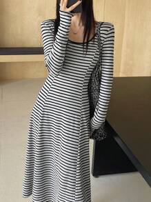 DAZY Deep-V Neck Striped Fitted Mid-Length Dress For Women,Fall Clothes Long Sleeve Dress Maxi Dress - Black - View 4