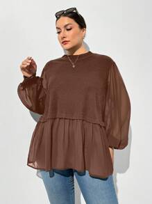 SHEIN Essnce 大码女式秋季长袖上衣，黑色灯笼袖上衣，秋季女式毛衣黑色上衣万圣节服装，哥特秋季女式秋季女装，秋季衬衫秋季服装秋季上衣长袖女式秋季女式上衣长袖女式上衣 - 棕色 - 查看 4