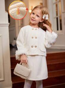 SHEIN 年轻女孩优雅加厚保暖内衬纽扣式长袖袖口拼接蓬松饰边夹克和 A 字裙套装，秋冬季新品 - 白色 - 查看 1