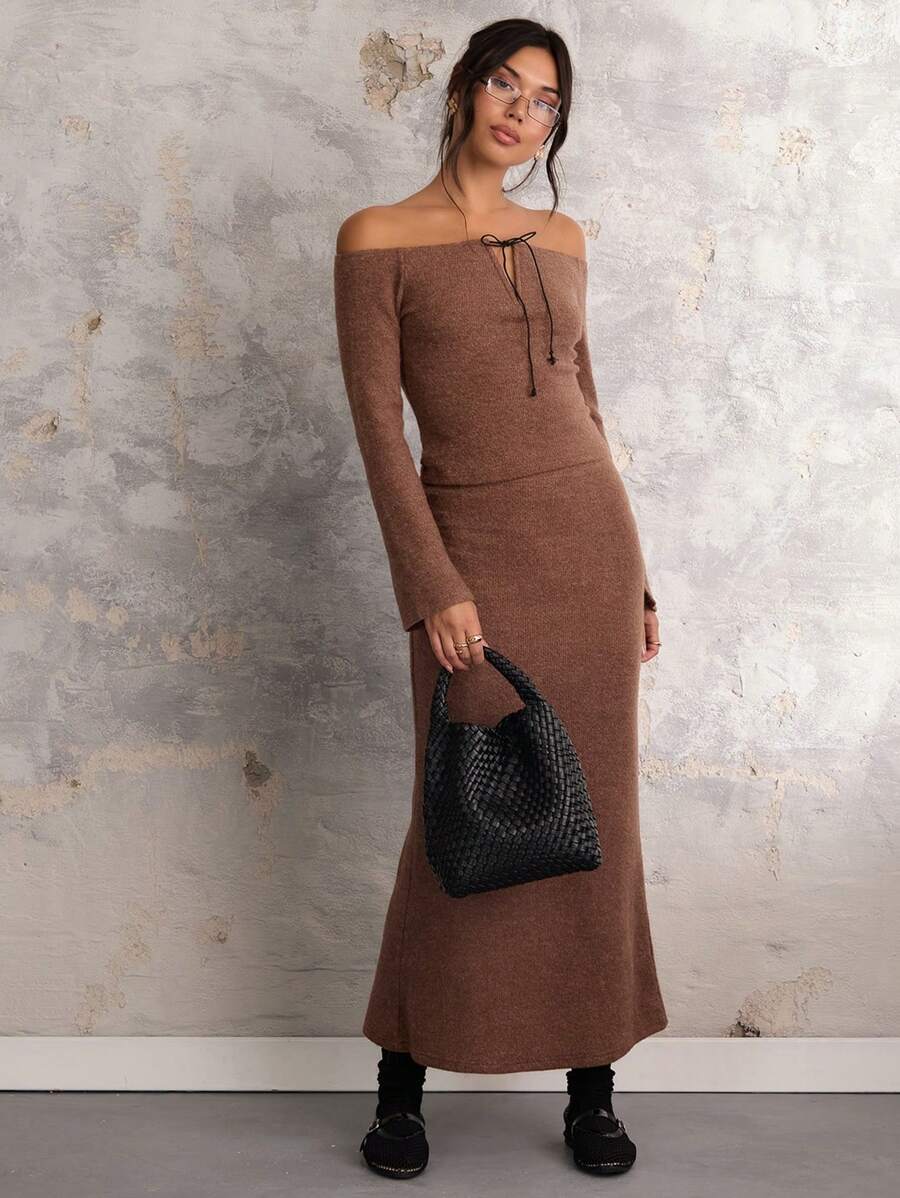 COSMINA Váy suông xẻ gấu màu trơn cho nữ, mặc hàng ngày - Màu nâu Sô-cô-la - Xem 1