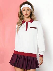 VARSITIE Contrast Color Polo Collar With Loose Buttons Women's Sports Polos