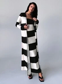 Aloruh Conjunto de 2 piezas para mujer de otoño: Elegante vestido tubo de bloques de color con rayas y chaqueta larga. Un conjunto de 2 piezas para el tiempo libre y la comodidad en el hogar de la mujer, y un sencillo conjunto de vestido para ir al trabajo con rayas en blanco y negro