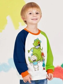 Nick 90s X SHEIN Sudadera informal de cuello redondo para niño con estampado de dinosaurio de dibujos animados y mangas raglán de color block