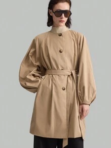 Ontre 女式卡其色圆领长袖风衣，秋冬季开衩袖休闲外套 - 卡其色 - 查看 6