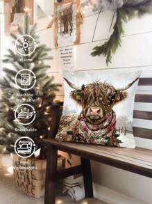 节日圣诞奶牛图案枕套 - 17.7 英寸 X 17.7 英寸单面印花，柔软舒适的设计，适用于沙发、客厅、卧室家居装饰，无枕芯，易于护理和保养，非常适合节日季节 - 彩色 - 查看 4