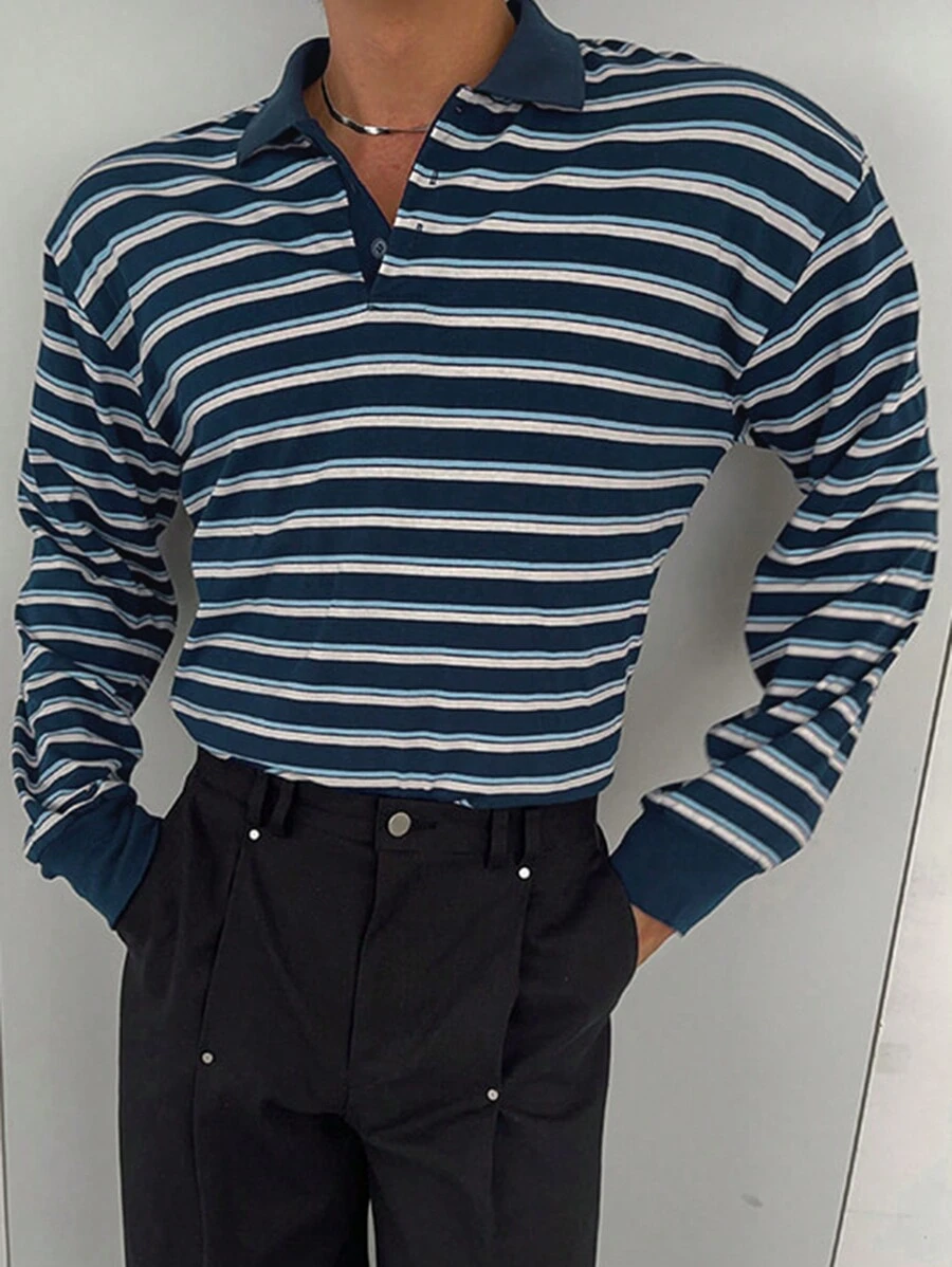 DAZY Men's Casual Striped Polo Shirt, Autumn - Blue and White - View 1