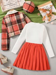 SHEIN Tween Girl Autumn Color Block Plaid Lapel Long Sleeve Jacket, Solid Color Round Neck Long Sleeve T-Shirt And Pleated Skirt 3pcs Set