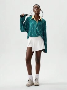 VARSIVA 撞色 Polo 领复古印花女式运动 Polo 衫长袖图案衬衫 - 綠色 - 查看 3