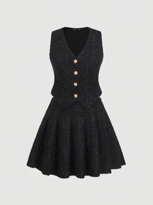 SHEIN MOD Plus Size Vintage Style Casual Button-Front Sleeveless Blazer Vest & Pleated Mini Skirt 2Pcs Set, For Winter