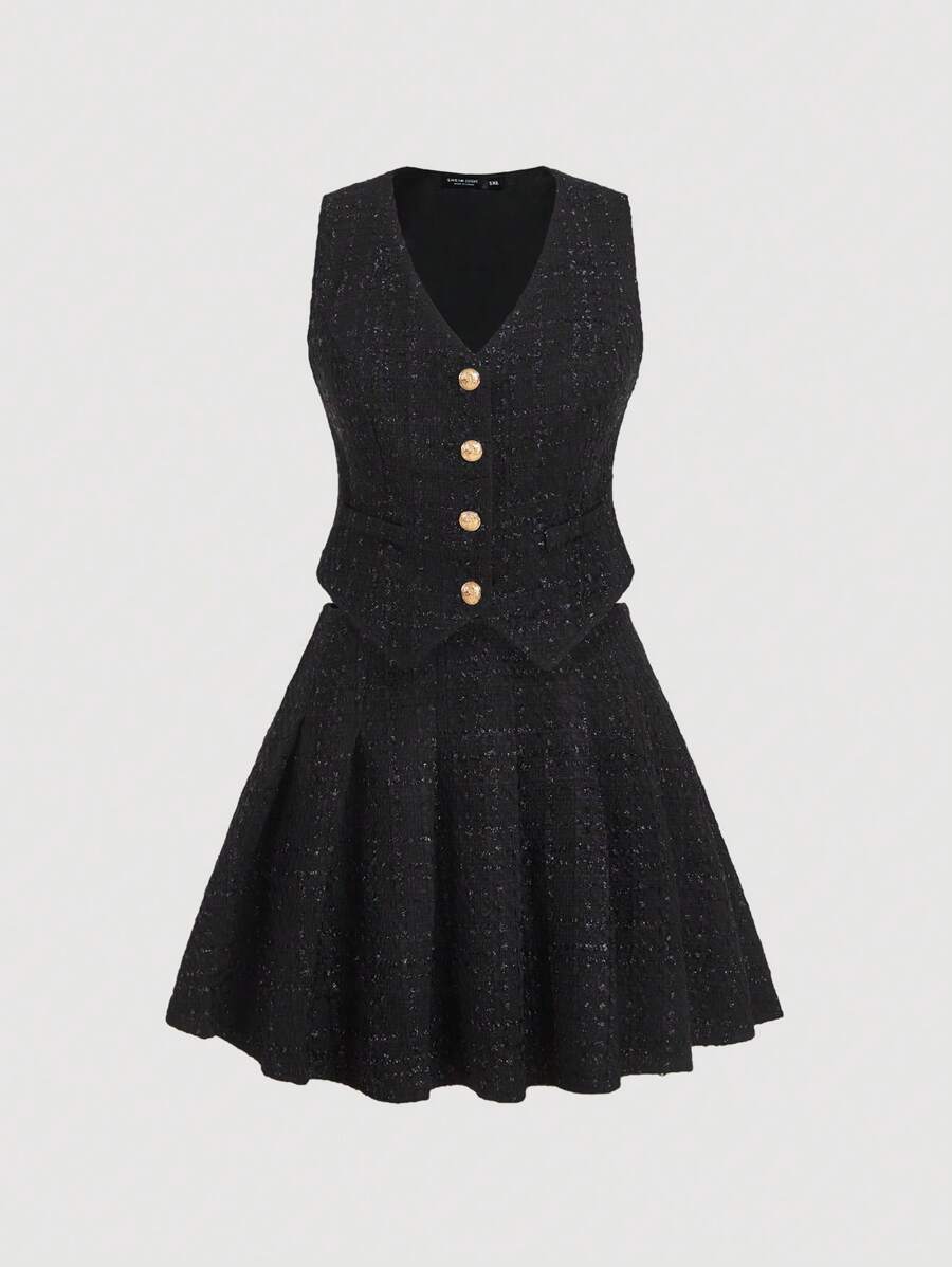 SHEIN MOD Plus Size Vintage Style Casual Button-Front Sleeveless Blazer Vest & Pleated Mini Skirt 2Pcs Set, For Winter