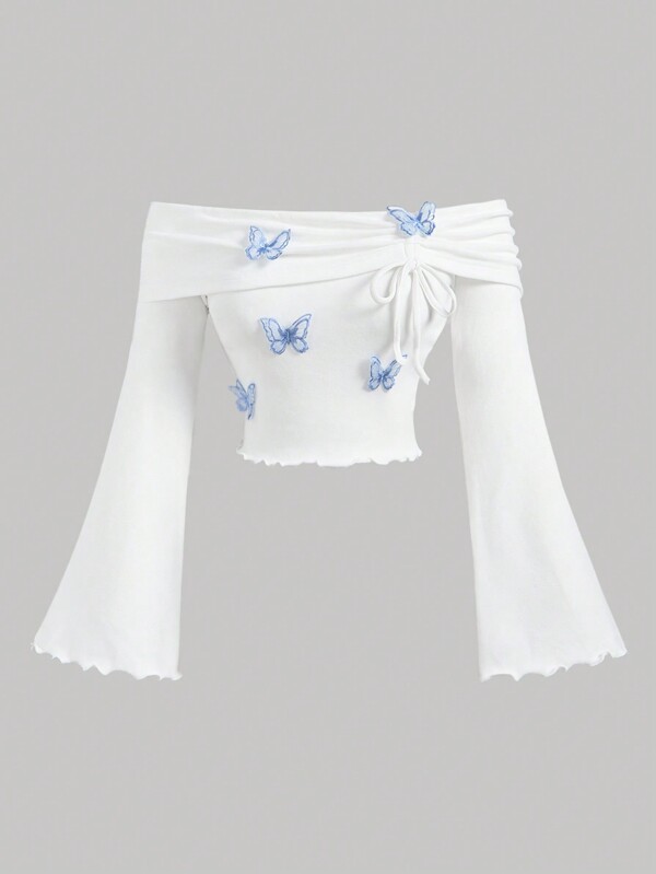 SHEIN MOD Camiseta holgada con mangas acampanadas y hombros descubiertos para mujer talla grande, con mariposa azul y moño, elegante camiseta para otoño/invierno