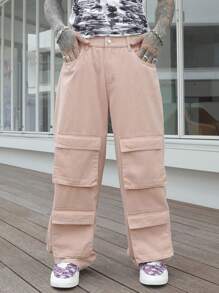 Manfinity LEGND Men's Casual Street Style Solid Color Flap Pocket Loose Fit Cargo Jeans Plain Light Pink Cargo Jeans, For Husband, Boyfriend Gifts