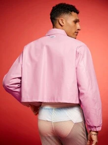 FeverCity 男士短款宽松长袖夹克外套，适合秋冬 - 粉色 - 查看 4