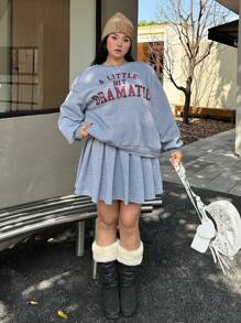 Flirla Plus Size Asymmetric One-Shoulder Long Sleeve Letter Print Sweatshirt & Pleated Mini Skirt 2 Pieces Sets, Casual Cute College Style