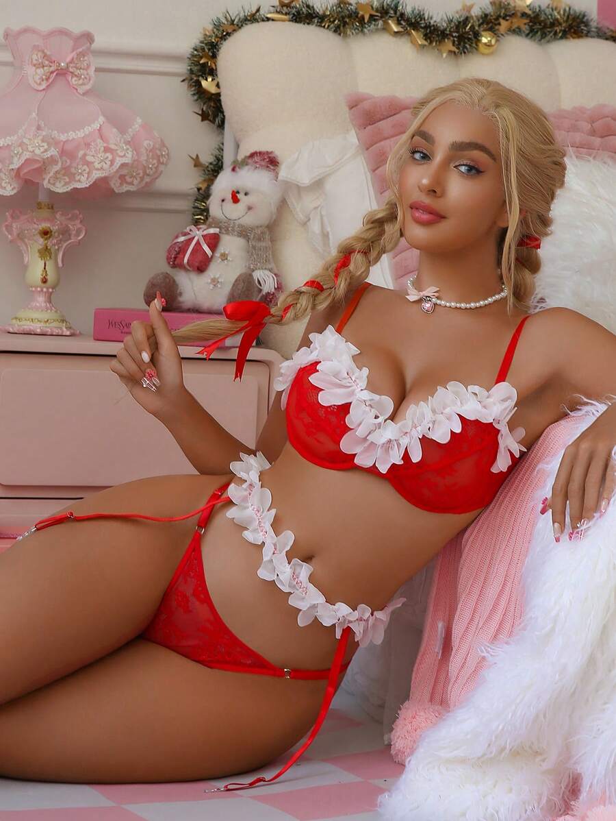 SHEIN 2pcs Christmas Sexy Floral Women Lingerie Set, Red & White - Red and White - View 1