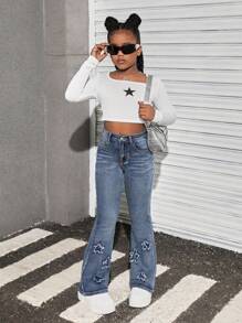 SHEIN Tween 女童 Y2K 蓝色喇叭牛仔裤，踝部有星星图案，夏季波西米亚风怀旧洗水喇叭裤牛仔裤 - 中等水洗藍 - 查看 5