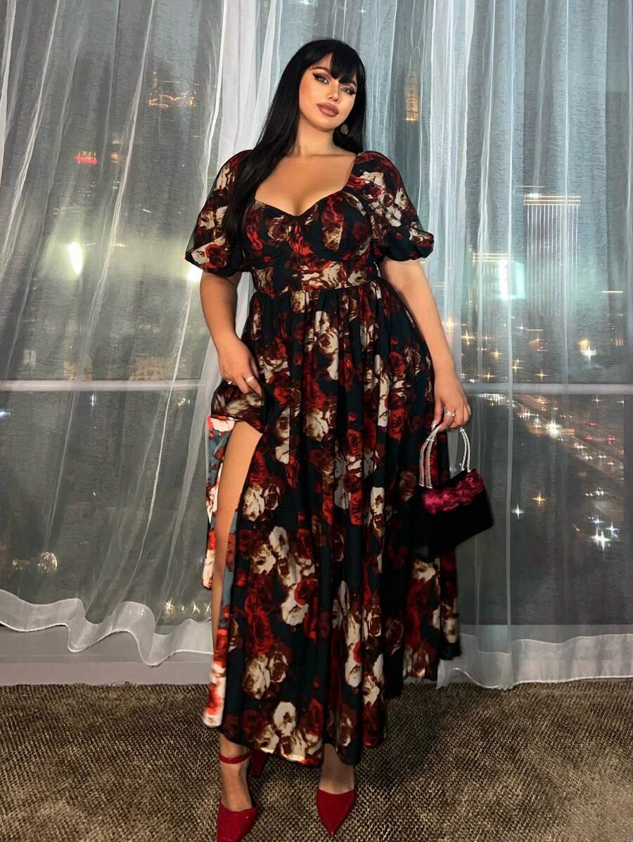 Satin Sweetheart Pleated Sheath Dress With Slit Peacock Plus Size main image 1