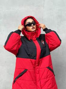 Flirla Abrigo acolchado sin mangas con capucha, bolsillo con parche y contraste de color, ropa de invierno de talla grande - Rojo - Ver 4