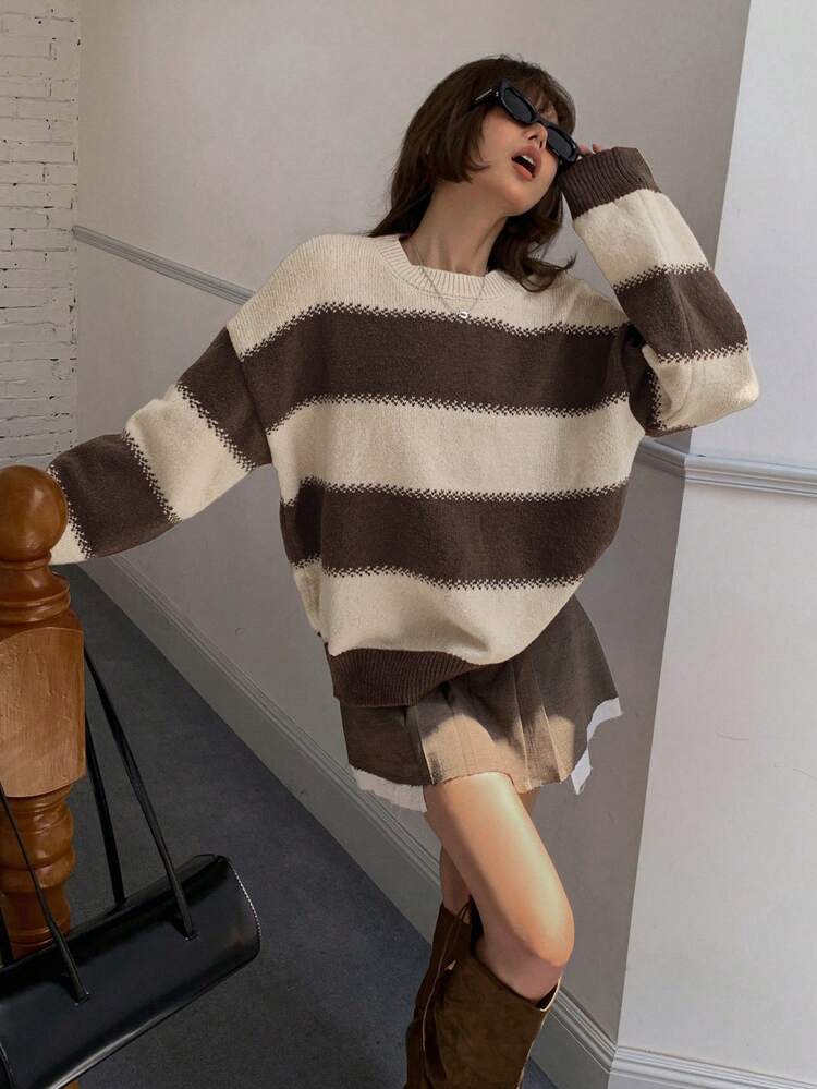 Striped Loose Fit Crew Neck Women Sweater, Long Sleeve,Fall Women Clothes