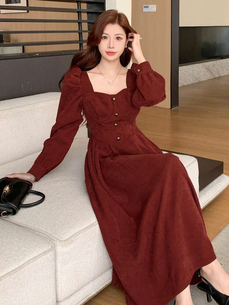 Solid Color Square Neck Form-Fitting Puff Sleeve Mid-Length Dress For Women,Fall Clothes Long Sleeve Dress Red Women Dresses,New Year Maxi Dress