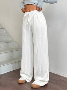 Muchica 女士纯色前系带简约阔腿裤，休闲日常穿着 - 白色 - 查看 3