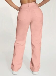 SHEIN PETITE Casual Solid Color Straight Leg Jeans With Oblique Pockets, For Autumn