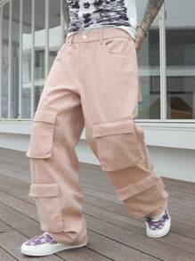 Manfinity LEGND Men's Casual Street Style Solid Color Flap Pocket Loose Fit Cargo Jeans Plain Light Pink Cargo Jeans, For Husband, Boyfriend Gifts